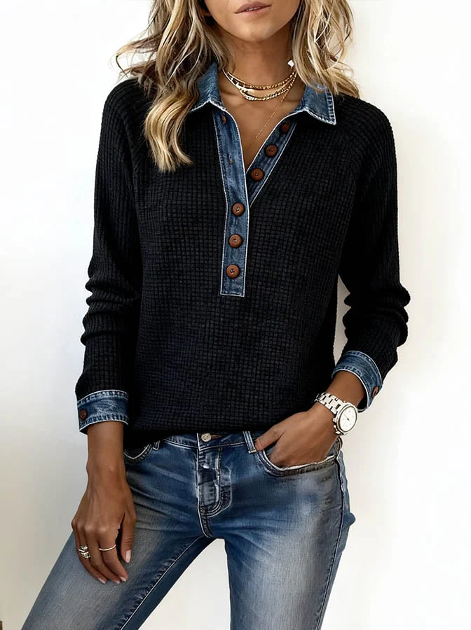 Sablelle Cool Long Sleeve Denim Collar Button Front Top