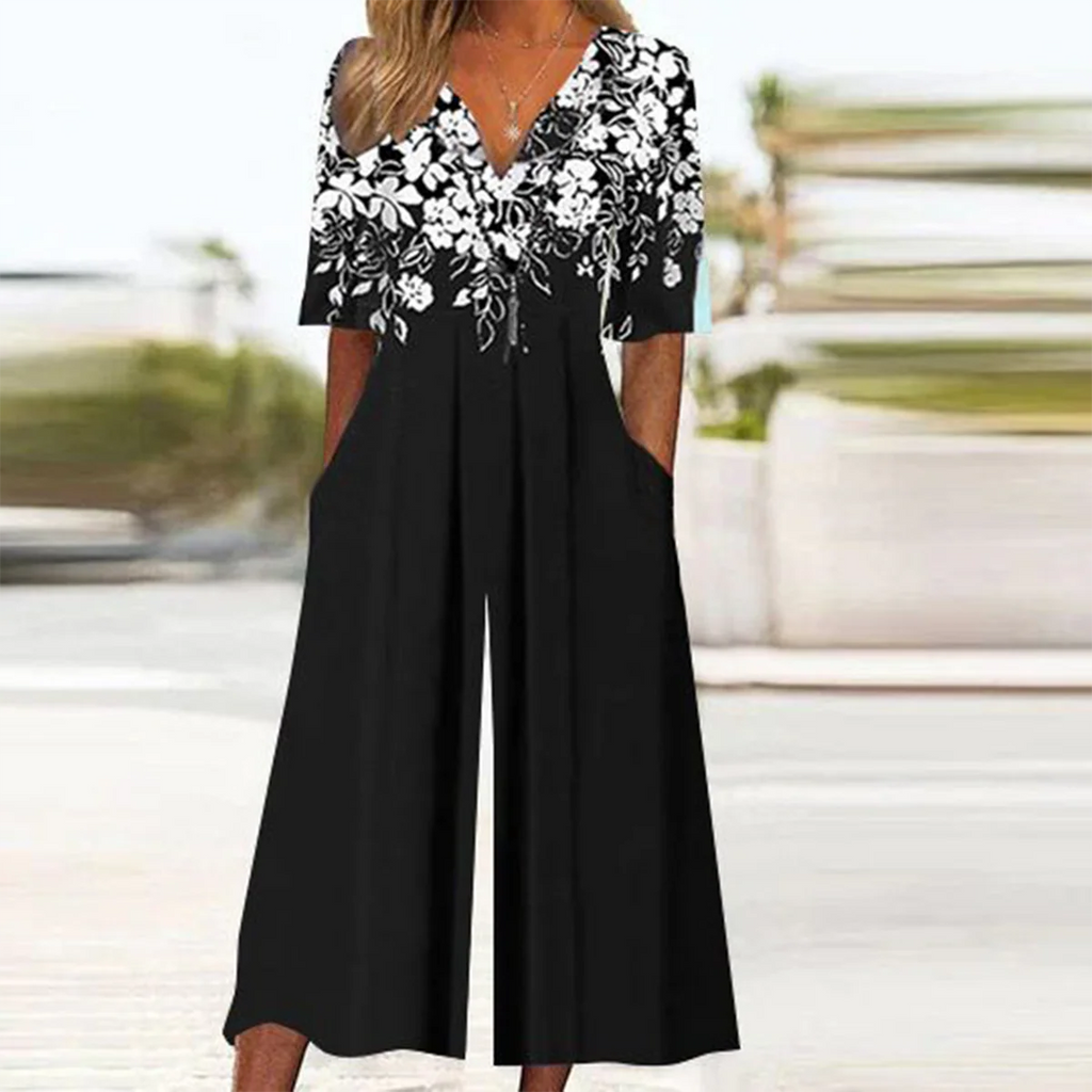 Sablelle Black Floral Print Half Sleeve Jumpsuit