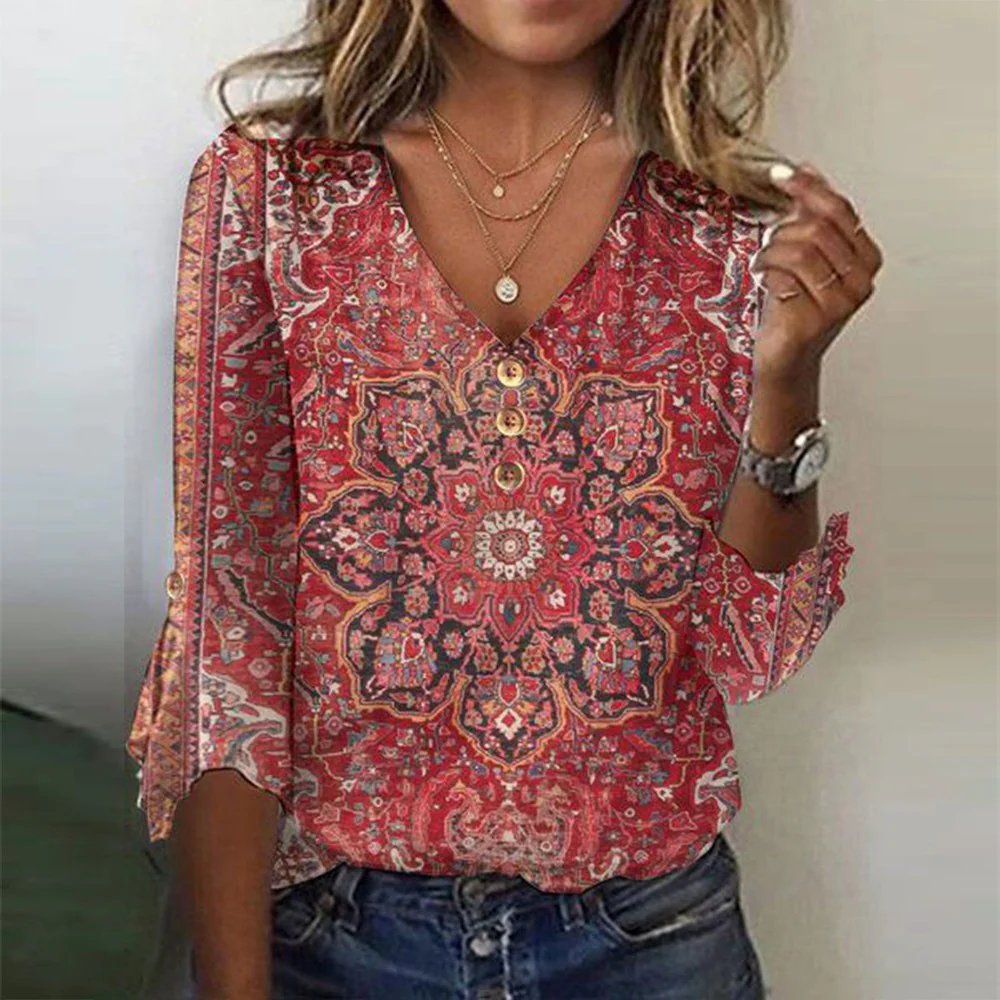 Sablelle Red Print 3/4 Sleeve V-Neck Top