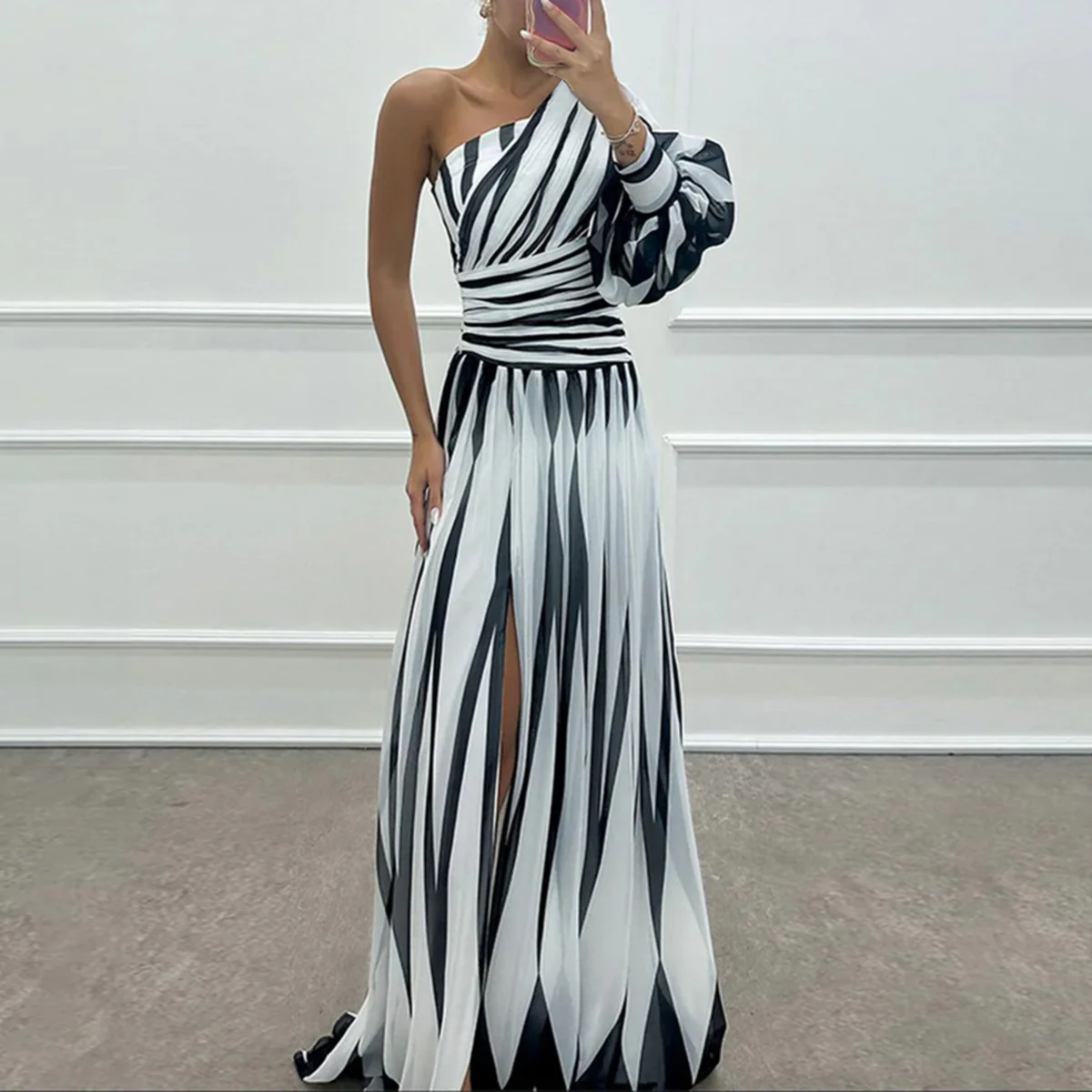 Sablelle Classy One Shoulder Striped Print Maxi Dress