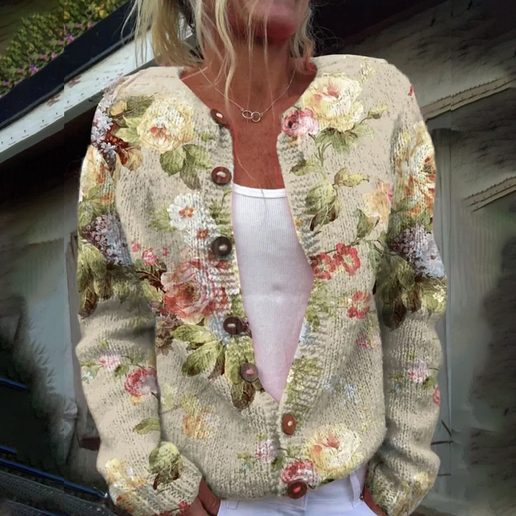 Sablelle Elegant Floral Print Collarless Long Sleeve Cardigan