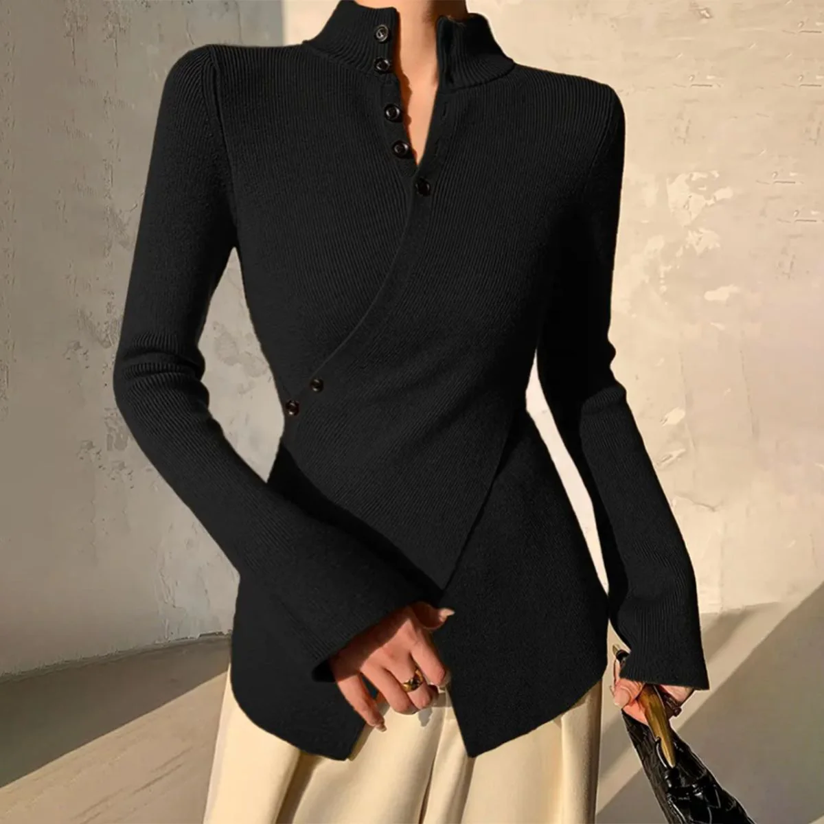 Sablelle Modern Black Plain V-Neck Sweater
