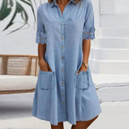 Sablelle Blue Plain Collared Lace Trim Denim Mini Dress