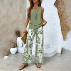 Sablelle Green Plant Print Square Neck Two Piece Set