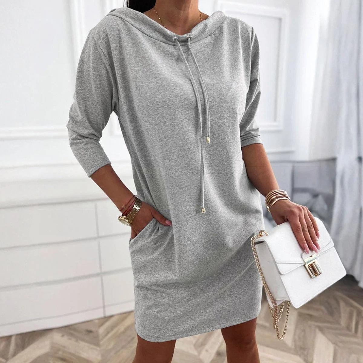 Sablelle Grey 3/4 Sleeve Plain Mini Dress