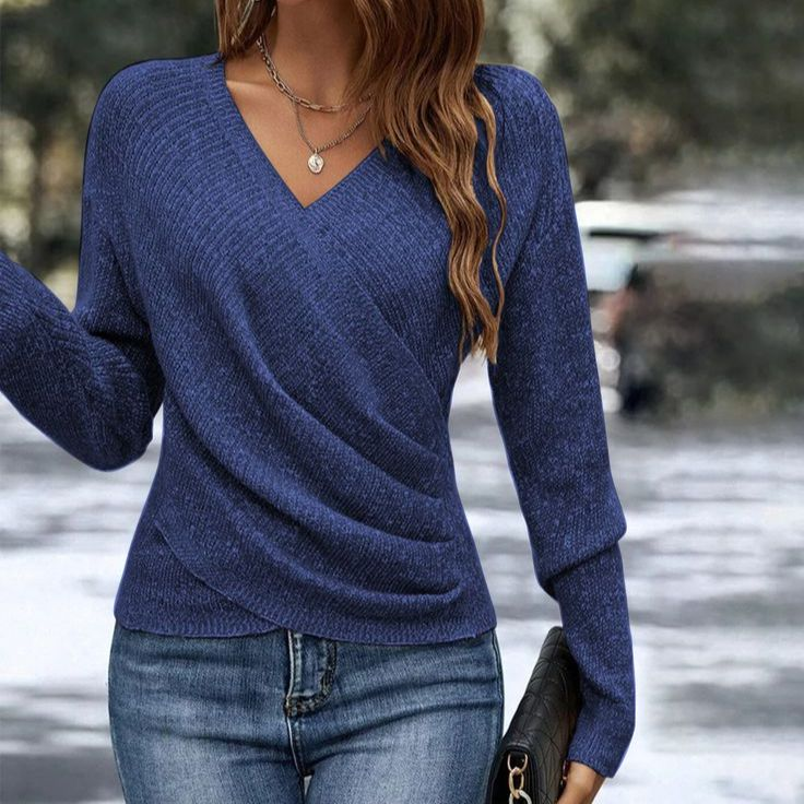 Sablelle Navy Plain V-Neck Long Sleeve Sweater