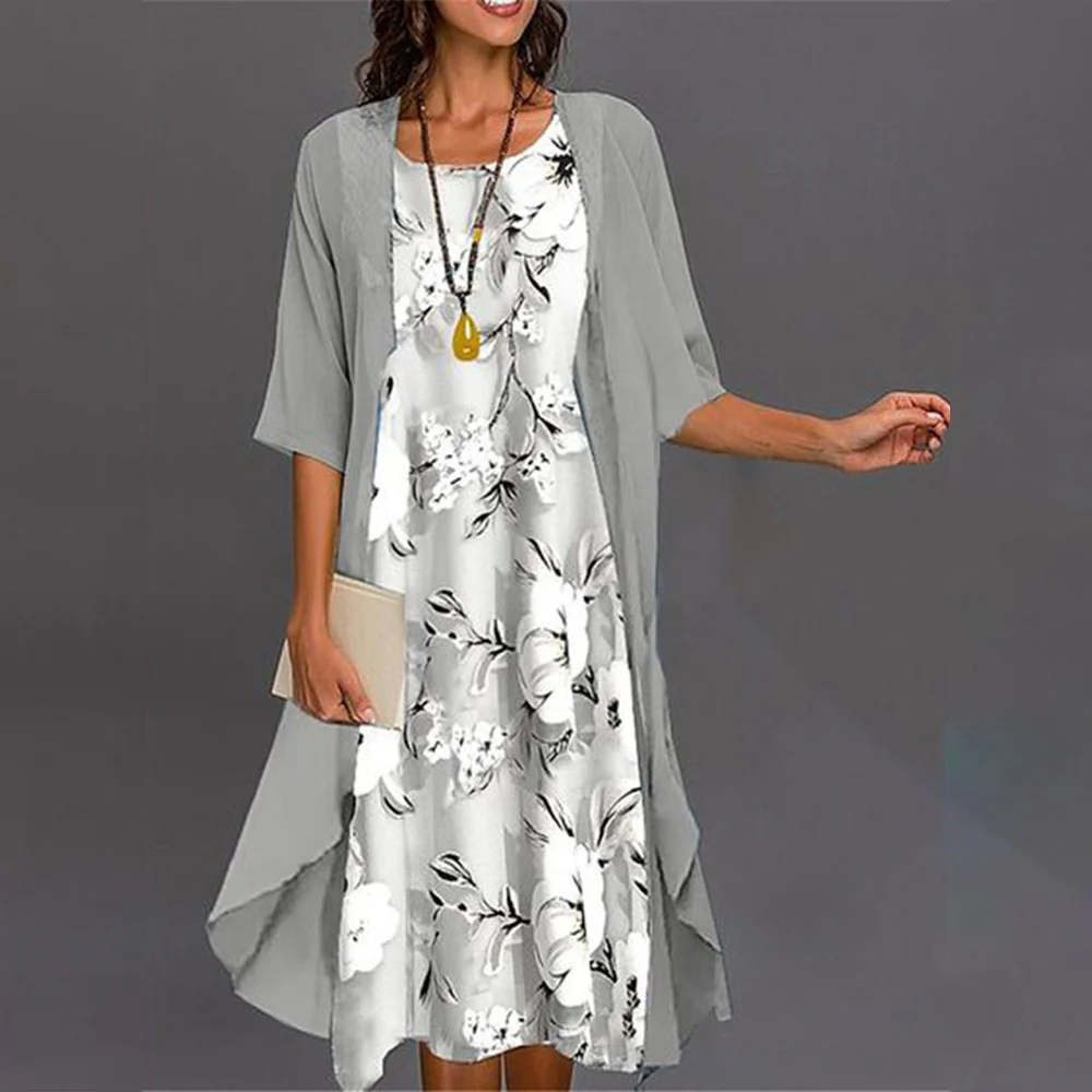 Sablelle Grey Print Midi Dress With Thin Jacket Two Piece Outfits