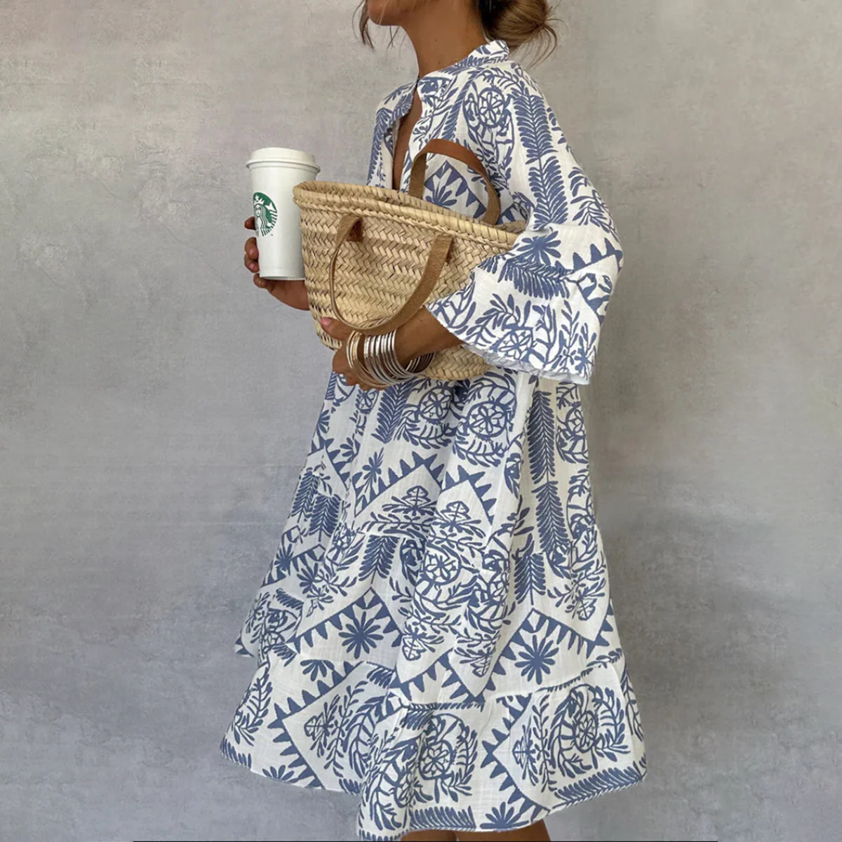 Sablelle Blue V-Neck 3/4 Sleeve Mini Dress