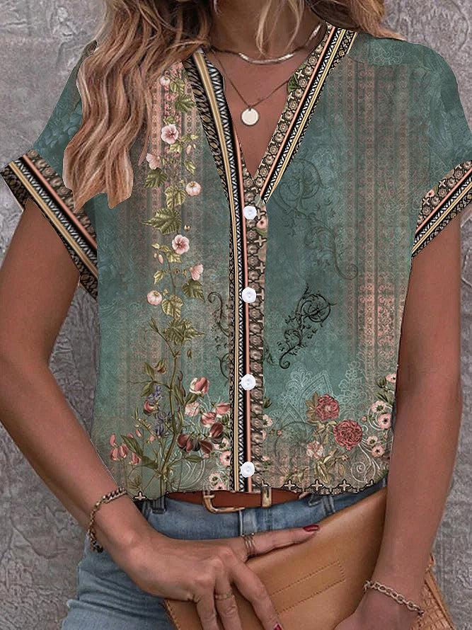 Sablelle Green Vintage Watercolor Floral Print Blouse