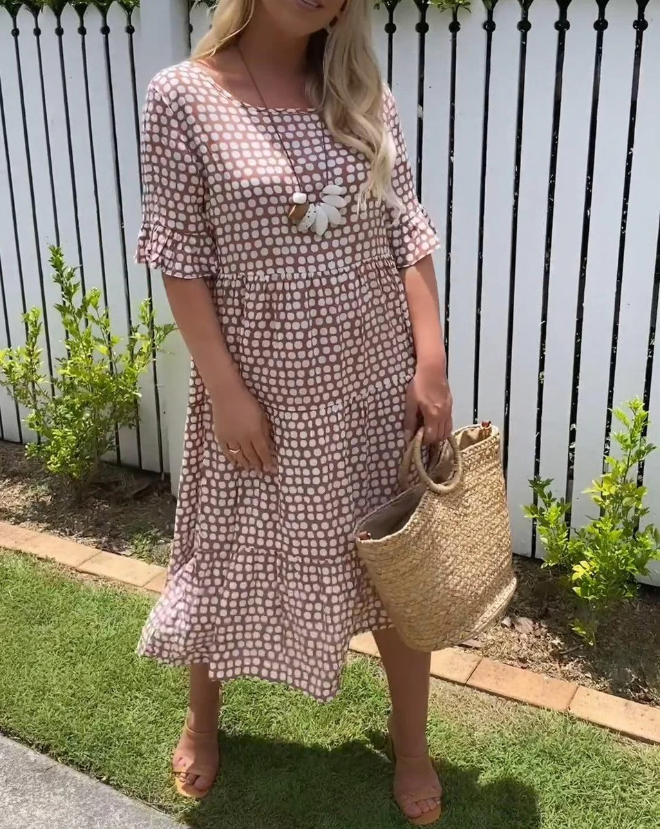 Sablelle Khaki Short Sleeve Round Neck Midi Dress