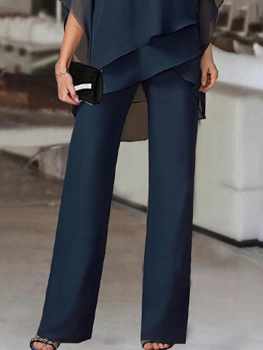 Sablelle Navy Cold Shoulder Ruffled Tiered Top and Pants Two Piece Set
