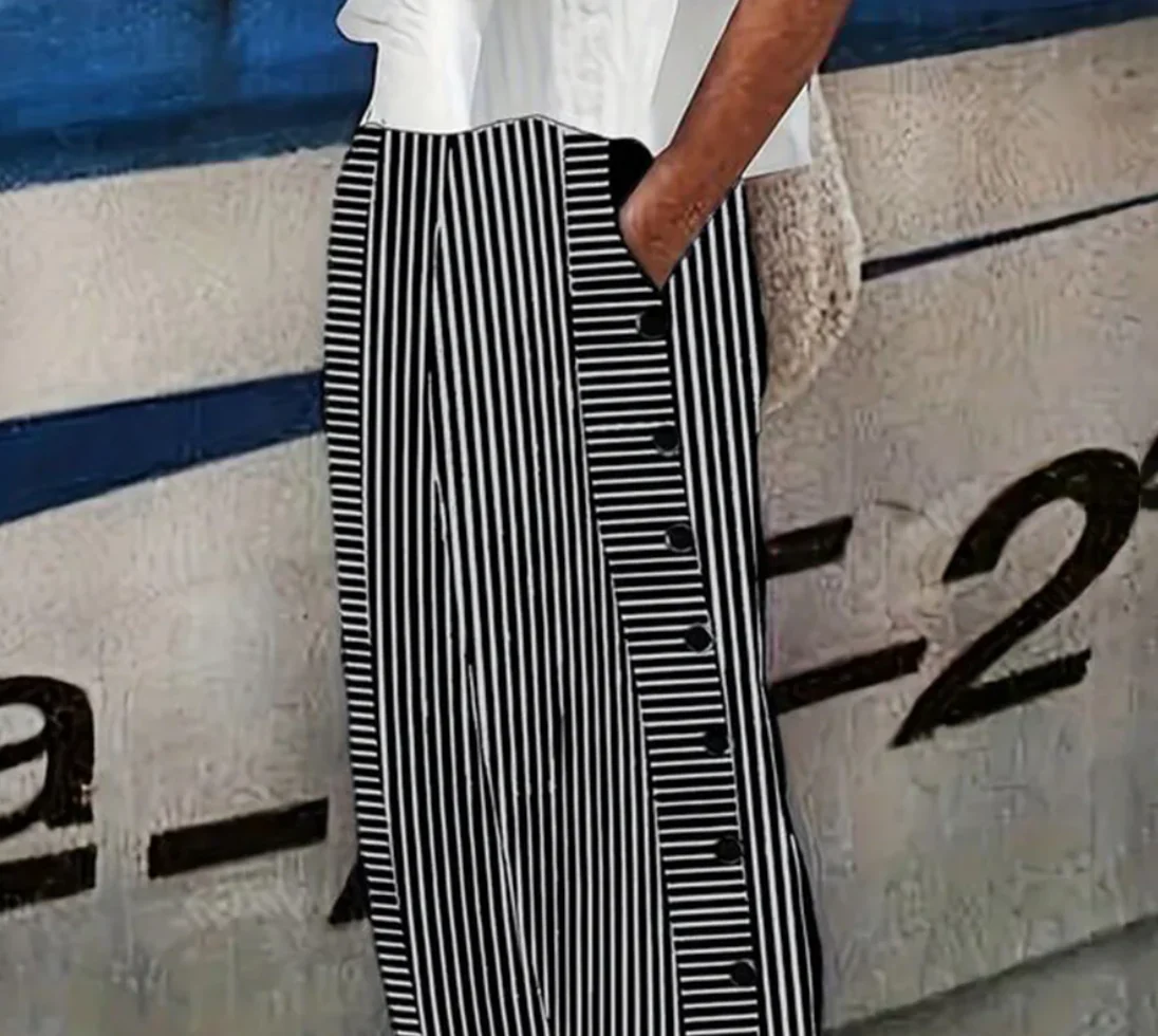 Sablelle Black Striped Print Side Pocket Pants