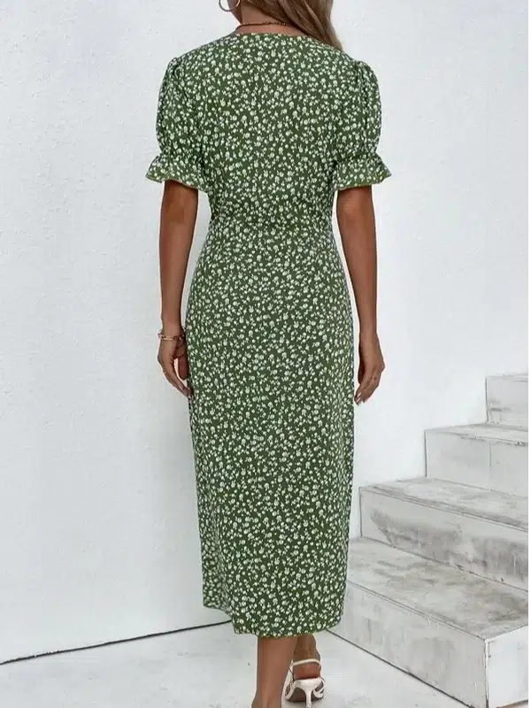 Sablelle Short Sleeve Green Floral Print Button Front Midi Dress