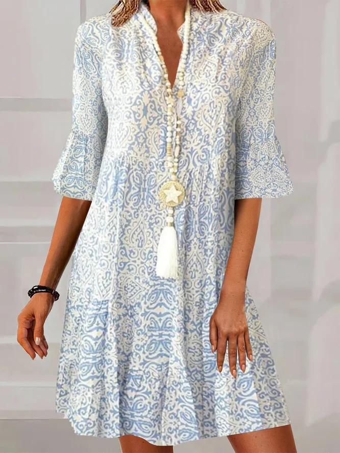 Sablelle Weathered Blue White Vintage Print Half Sleeve Mini Dress
