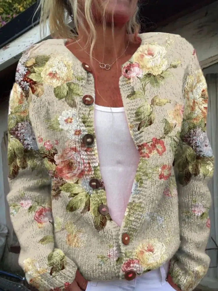 Sablelle Elegant Floral Print Collarless Long Sleeve Cardigan