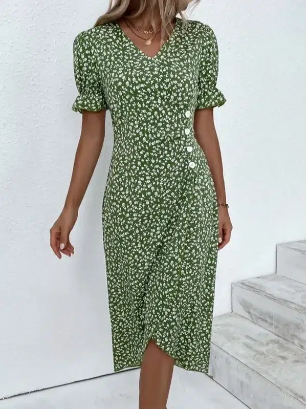 Sablelle Short Sleeve Green Floral Print Button Front Midi Dress