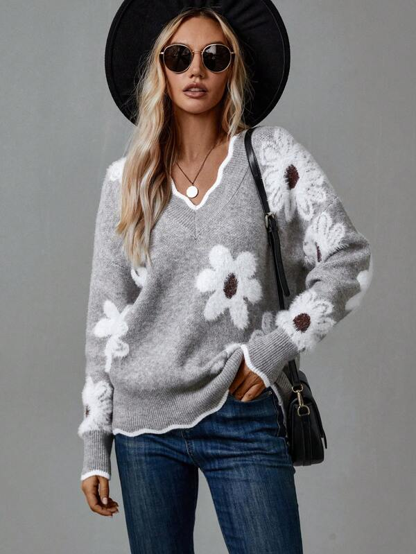 Sablelle Grey V-Neck Floral Print Sweater