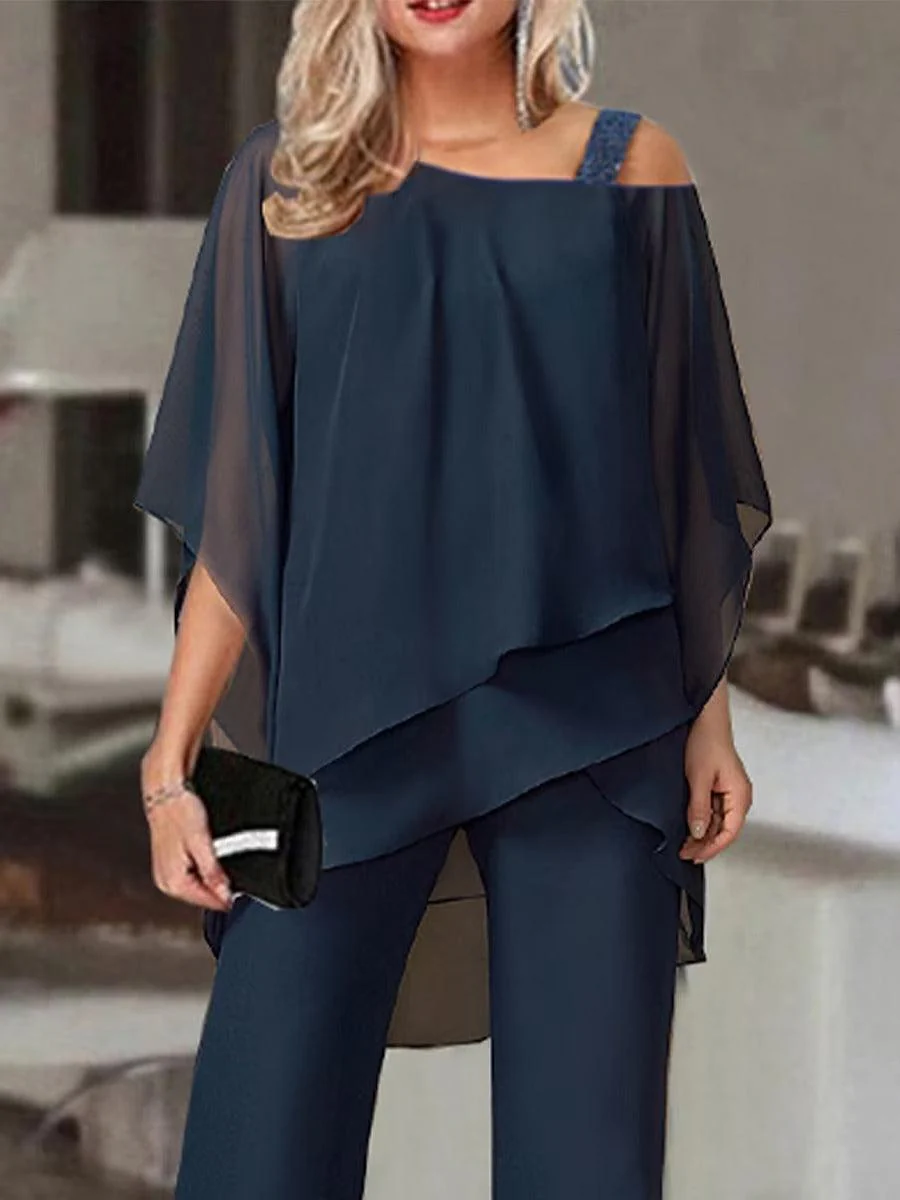 Sablelle Navy Cold Shoulder Ruffled Tiered Top and Pants Two Piece Set