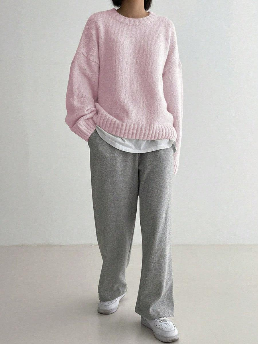 Sablelle Pink Plain Long Sleeve Round Neck Sweater