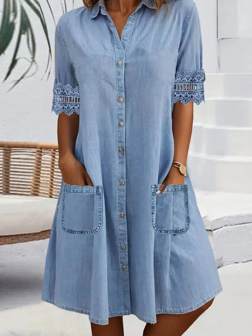 Sablelle Blue Plain Collared Lace Trim Denim Mini Dress