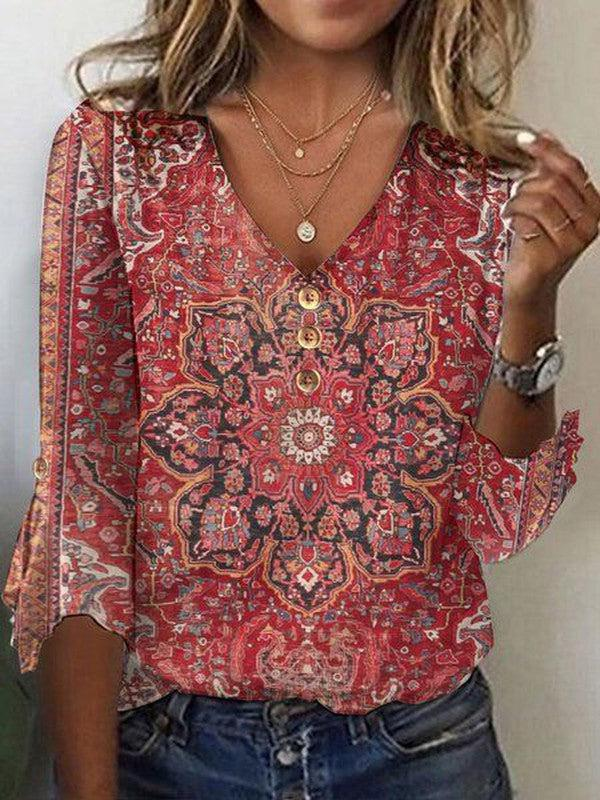 Sablelle Red Print 3/4 Sleeve V-Neck Top