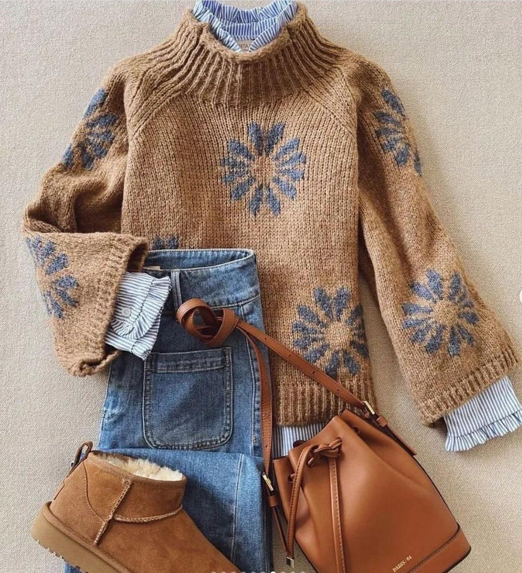 Sablelle Retro Brown Mock Neck Long Sleeve Sweater