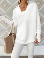 Sablelle Simple White Plain V-Neck Long Sleeve Sweater
