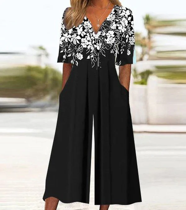 Sablelle Black Floral Print Half Sleeve Jumpsuit