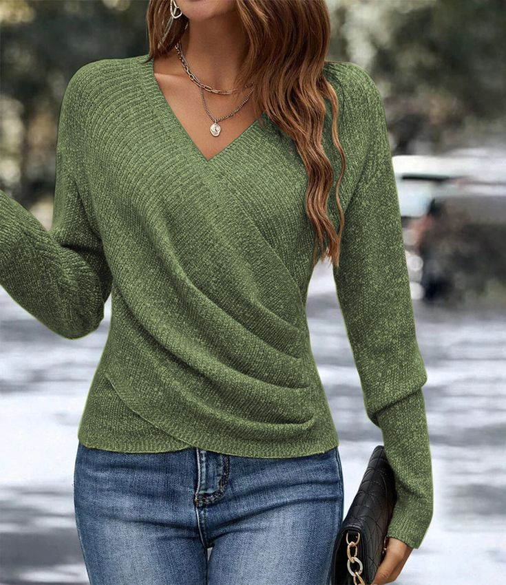 Sablelle Green Plain V-Neck Long Sleeve Sweater