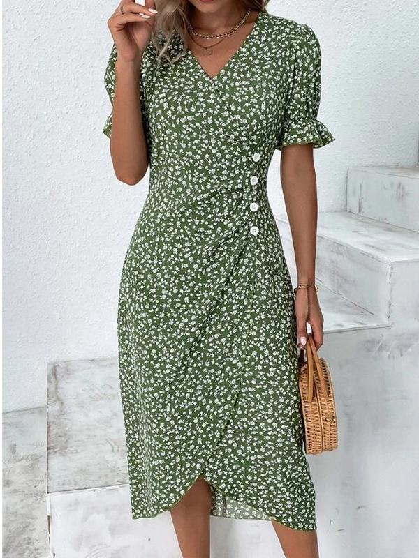 Sablelle Short Sleeve Green Floral Print Button Front Midi Dress
