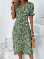 Sablelle Short Sleeve Green Floral Print Button Front Midi Dress