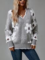 Sablelle Grey V-Neck Floral Print Sweater
