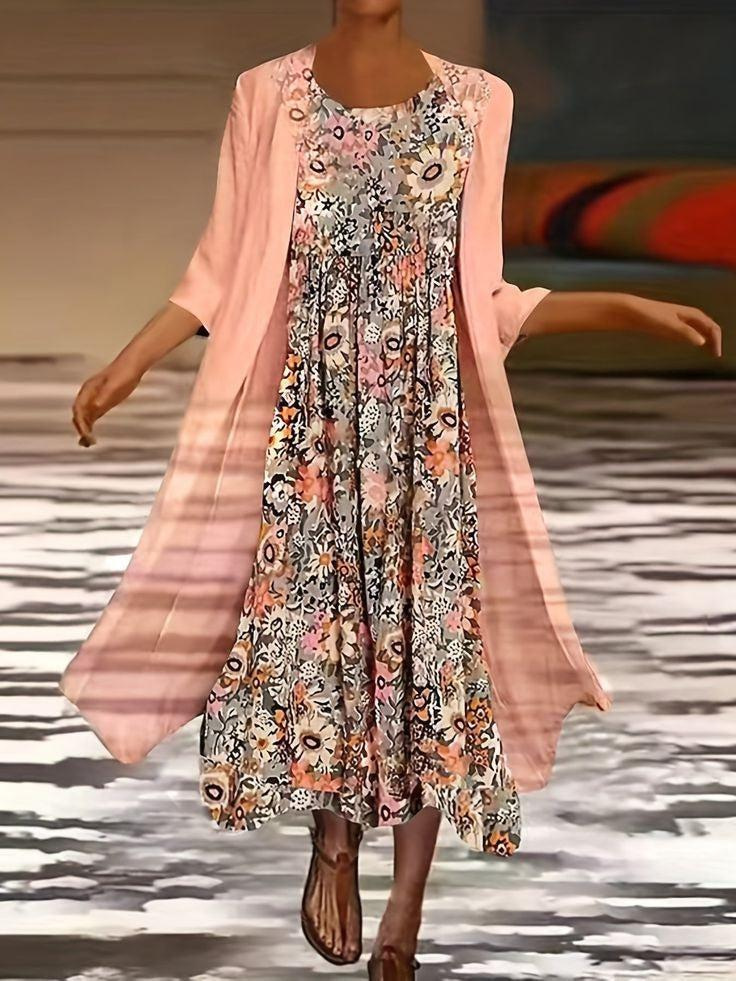 Sablelle Pink Midi Dress With Thin Jacket Two Piece Outfits
