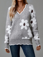 Sablelle Grey V-Neck Floral Print Sweater