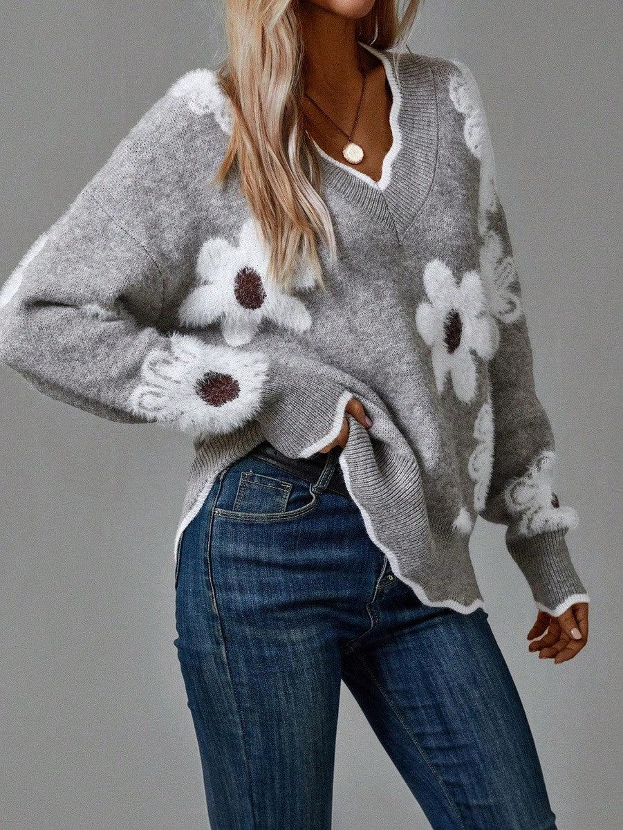 Sablelle Grey V-Neck Floral Print Sweater