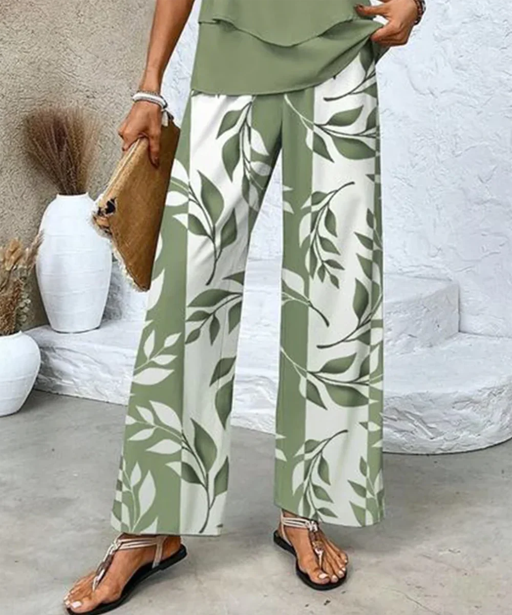 Sablelle Green Plant Print Square Neck Two Piece Set