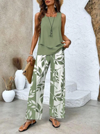 Sablelle Green Plant Print Square Neck Two Piece Set