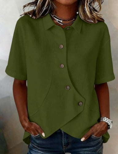 Julia – Asymmetric Cotton‑Linen Blouse with Buttons