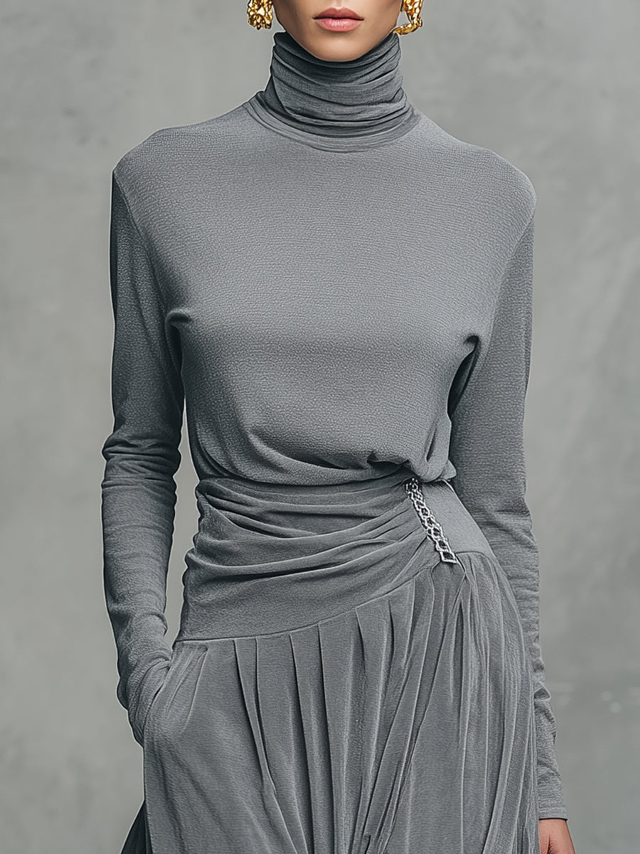 Emily™ | Stand-up Collar Long Sleeve T-shirt And Velvet Skirt Set