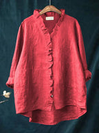 Ava™ | Casual Cotton And Linen Ruffle Shirt