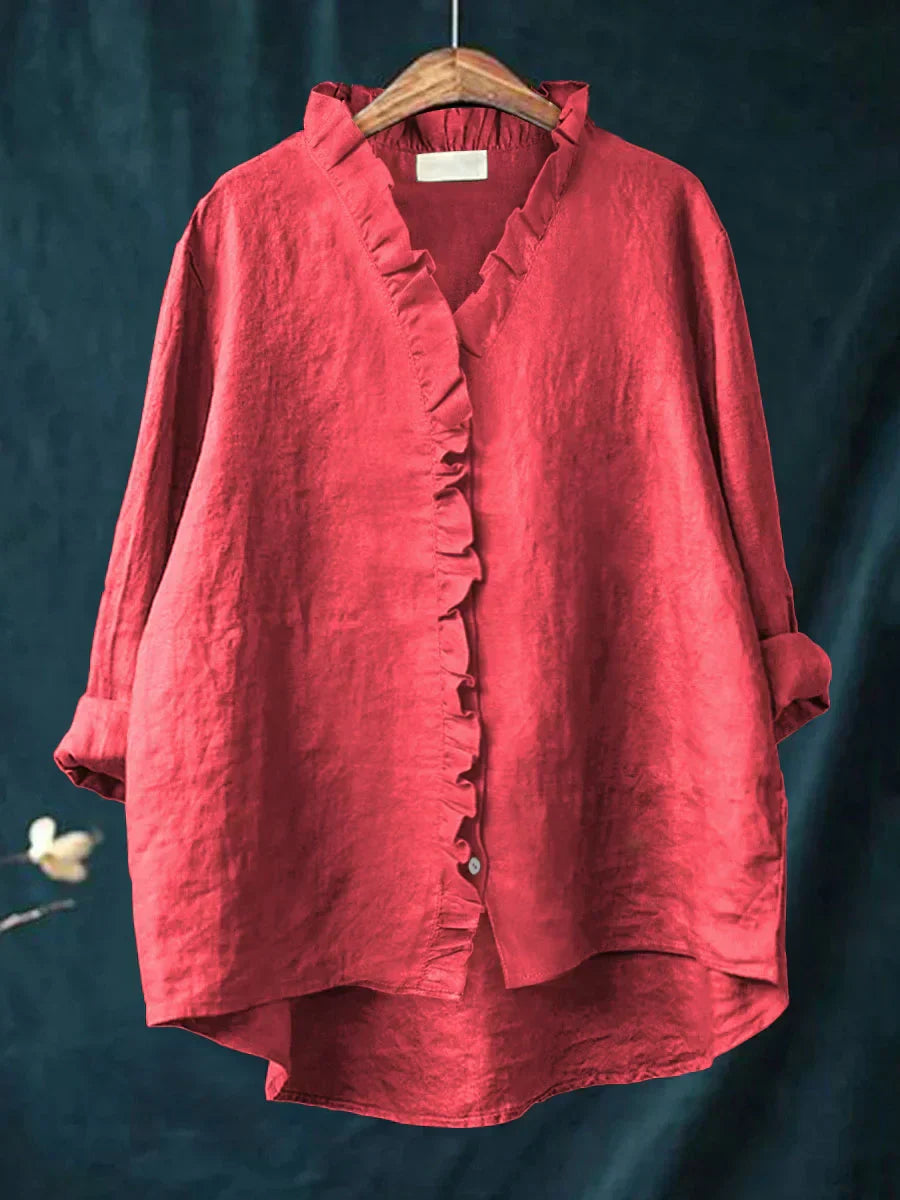 Ava™ | Casual Cotton And Linen Ruffle Shirt
