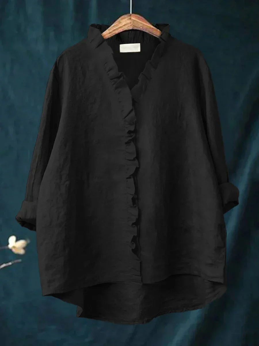 Ava™ | Casual Cotton And Linen Ruffle Shirt