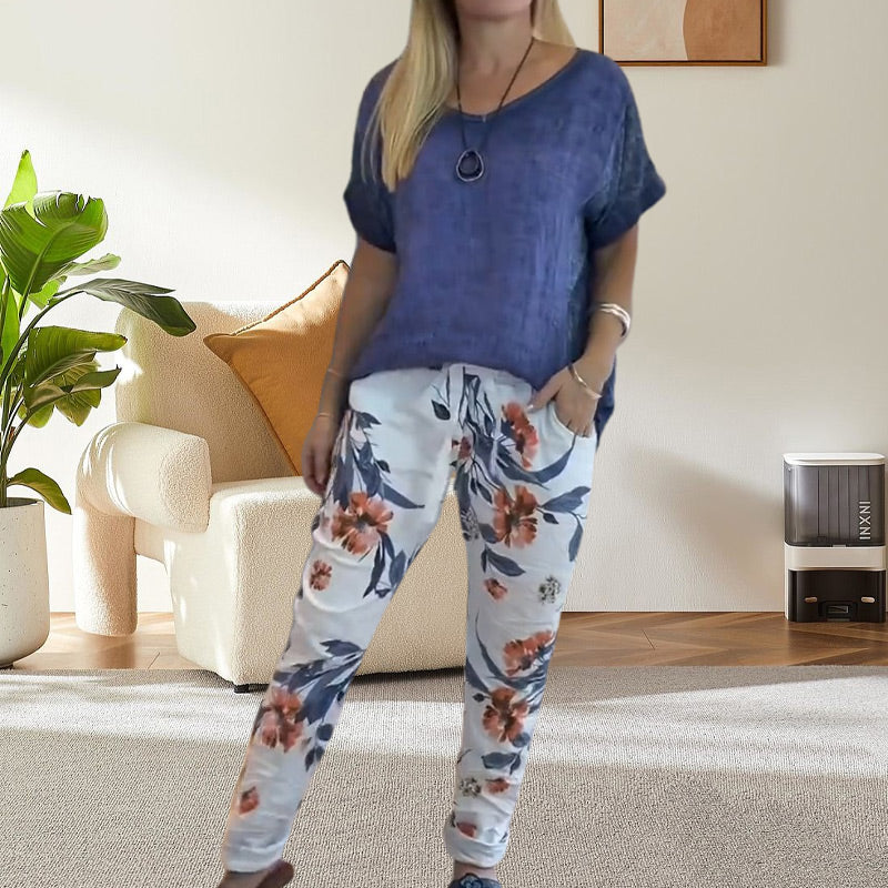 Evelyn™ | Solid Blouse And Casual Floral Print Pants